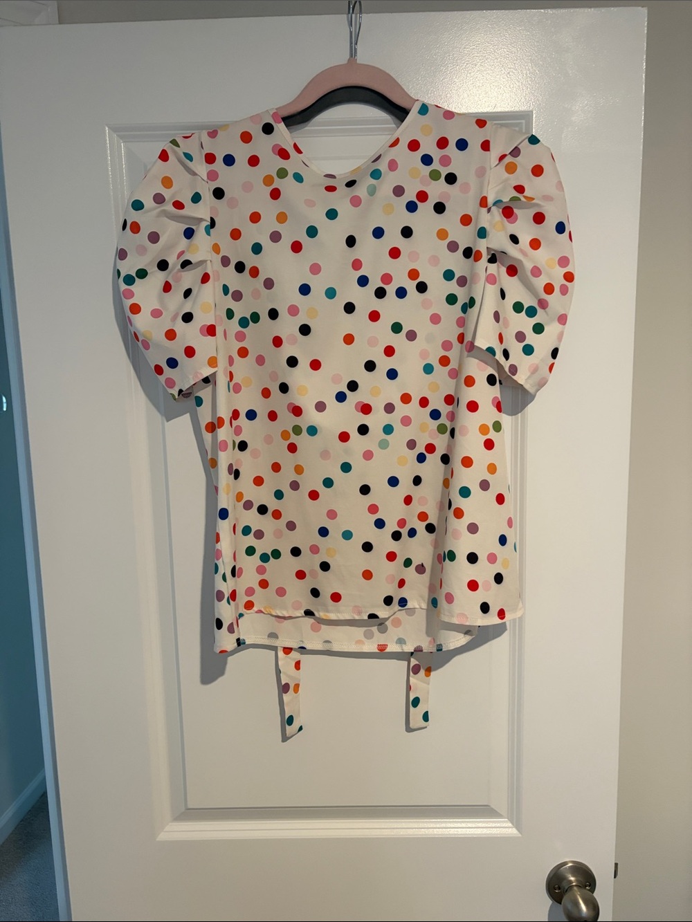 SHEIN White Polka Dot Puff Sleeve Top with Tie Back